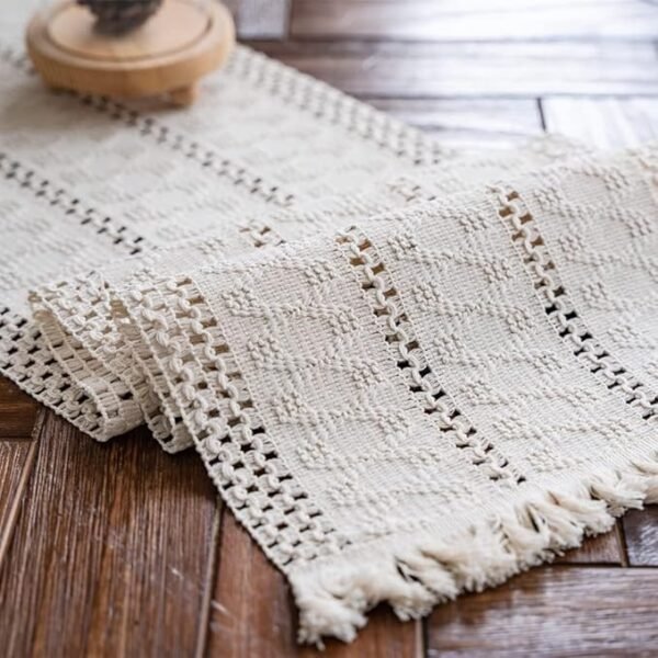 Alynsehom Macrame Table Runner Cream Beige Boho Table Runner with Tassels Hand Woven Cotton Table Runner Rustic Farmhouse Table Runner for Bohemian Kitchen Dining Table(12x48in)