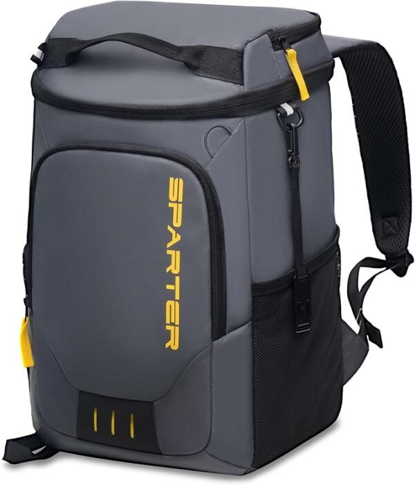 About this item Wear-resistant Nylon Surface & Waterproof PU Coating & 8 mm Foam & Leakproof PEVA Liner Imported 20 Hours Retention: Sparter backpack cooler is insulated with thickened 8 mm foam, together with advanced silver PEVA seal to keep beverages cool up to 20 Hours throughout the day for beach picnic, hiking, camping, trip, boating, baseball / golf and work. Leak-proof Liner: Our cooler backpack liner adopts high-tech seamless hot pressing process for leak-proof; The zipper is not leakproof, please be careful not to tip over when using it. Double Insulated Compartments & Multi-Pockets: Featured two insulated compartments for cooling drinks & dry foods, front big pocket and two side pockets for your snacks, phone, wallet, and other accessories. A bottle opener included for more convenience. Water Resistant & Lightweight: Our cooler bags are made of high-density scratch-resistant nylon with extra waterproof PU coating; Lightweight & portable design with padded shoulder straps and back, more comfortable than carrying a heavy big cooler. 30 Cans Large Capacity: Measures 17''H x 10.5''L x 7.5"W and can hold up to 30 cans (330ml), roomy enough to pack meals, beers, tall beverages, snacks and other necessities.