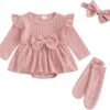 Newborn Baby Girl Romper Dress Ruffle Long Sleeve Overall Skirt+Bow Headband Cute Infant Girl Fall Winter Clothes - Image 3