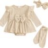 Newborn Baby Girl Romper Dress Ruffle Long Sleeve Overall Skirt+Bow Headband Cute Infant Girl Fall Winter Clothes