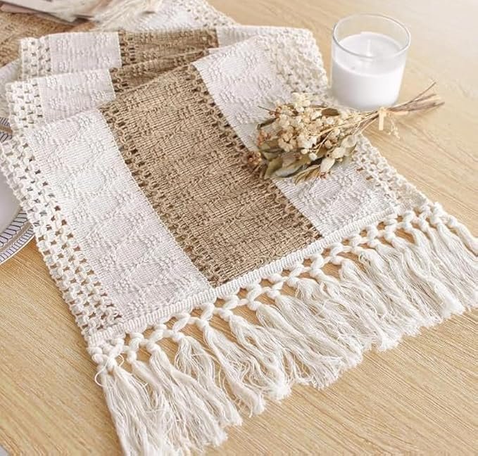 FEXIA Sage Green Table Runner 48 Inches Long Boho Macrame Table Runner for Home Decor Farmhouse Style Table Runner with Tassels for Party Bohemian Rustic Bridal Shower Dining Decor (12x48 Inches)