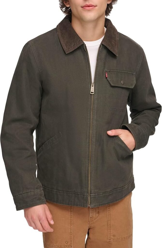 Product details Fabric type100% Cotton Care instructionsMachine Wash OriginImported About this item Rugged Yet Refined: A workwear-inspired Levi's jacket featuring a corduroy collar for added style. Timeless Design: Classic silhouette and versatile color make this jacket a staple. Comfortable and Functional: Designed with a relaxed fit for optimal comfort and practical pockets for storage. Elevated Details: Includes a corduroy collar for an added touch of style. Sizing Info: Model wears size medium.