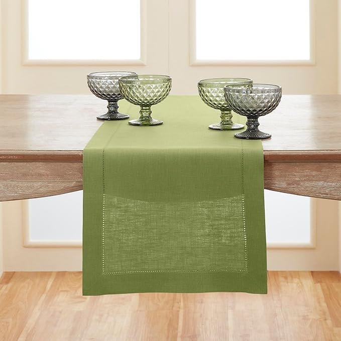 Solino Home Moss Green Linen Table Runner 36 Inch – 100% Pure Linen Classic Hemstitch Table Runner 14 x 36 Inch – Machine Washable Dining Table Runner for Winter Decor