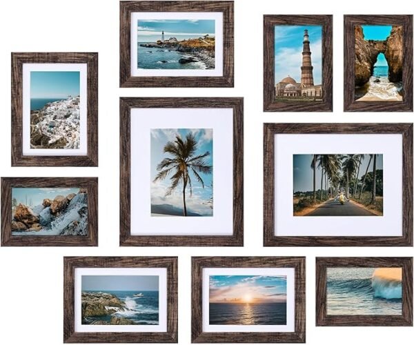 About this item Multi Sizes Included: 10 Pack Picture Frames Set includes 2 pcs of black 8x10 picture frames, 4 pcs of black 5x7 frames, and 4 pcs of black 4x6 frames. You can decide how to arrange these different sizes of frames to create a cohesive gallery wall or use them individually in different areas of your home High-Quality Construction: The Vittanly 10-Pack Picture Frames in Black are crafted from high-quality engineered wood. It offers durability and longevity, making it an excellent choice for preserving valuable memories or displaying essential documents Protective Plexiglass: The Picture Frames Collage Wall Decor comes with shatter-resistant plexiglass, providing a safe and secure barrier to protect your pictures from accidental damage. This feature ensures that your photographs remain in pristine condition while on display Wall or Tabletop Display: Designed for convenience, the Gallery Wall Frame Set can be effortlessly mounted on the wall using the included hardware, making it simple to create captivating displays. It can also be placed on tabletops, desks, or shelves, adding a touch of elegance to any surface Horizontally or Vertically Hanging: This Picture Frames Set is designed specifically for walls and tabletop. It includes both horizontal and vertical hanging options, allowing you to display your artwork in your preferred orientation Suitable for Personal and Gifting Use: Whether you want to showcase your own cherished memories or offer a thoughtful gift, the Vittanly Picture Frames are an ideal choice. Its classic design and quality construction make it suitable Afor personal use or as a meaningful gift for family, friends, or special occasions What's in the Box: 2 pcs black 8x10 picture frames, 4 pcs black 5x7 picture frames, 4pcs black 4x6 picture frames, 11 non-trace nail hooks, 2 paddles. You can purchase multiple frames to create a cohesive gallery wall or use them individually in different areas of your home