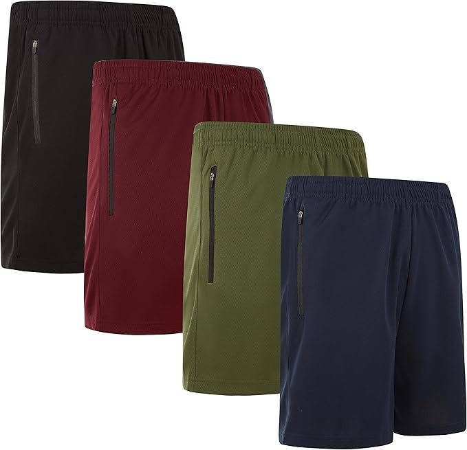 4 Pack: Men's 8" Athletic Running Quick Dry Mesh Shorts with Zipper Pockets